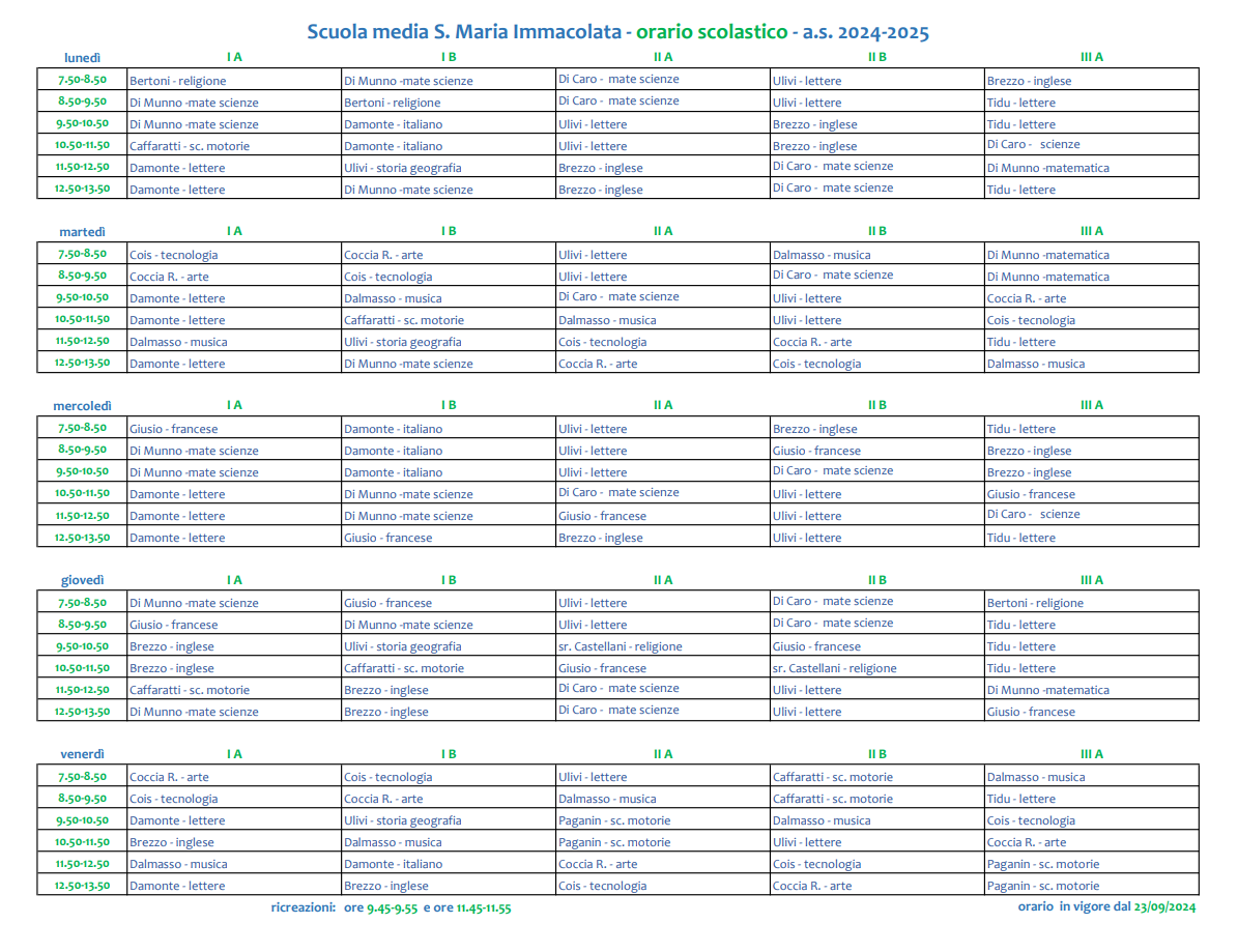 orario completo Sc Sec 1 grado